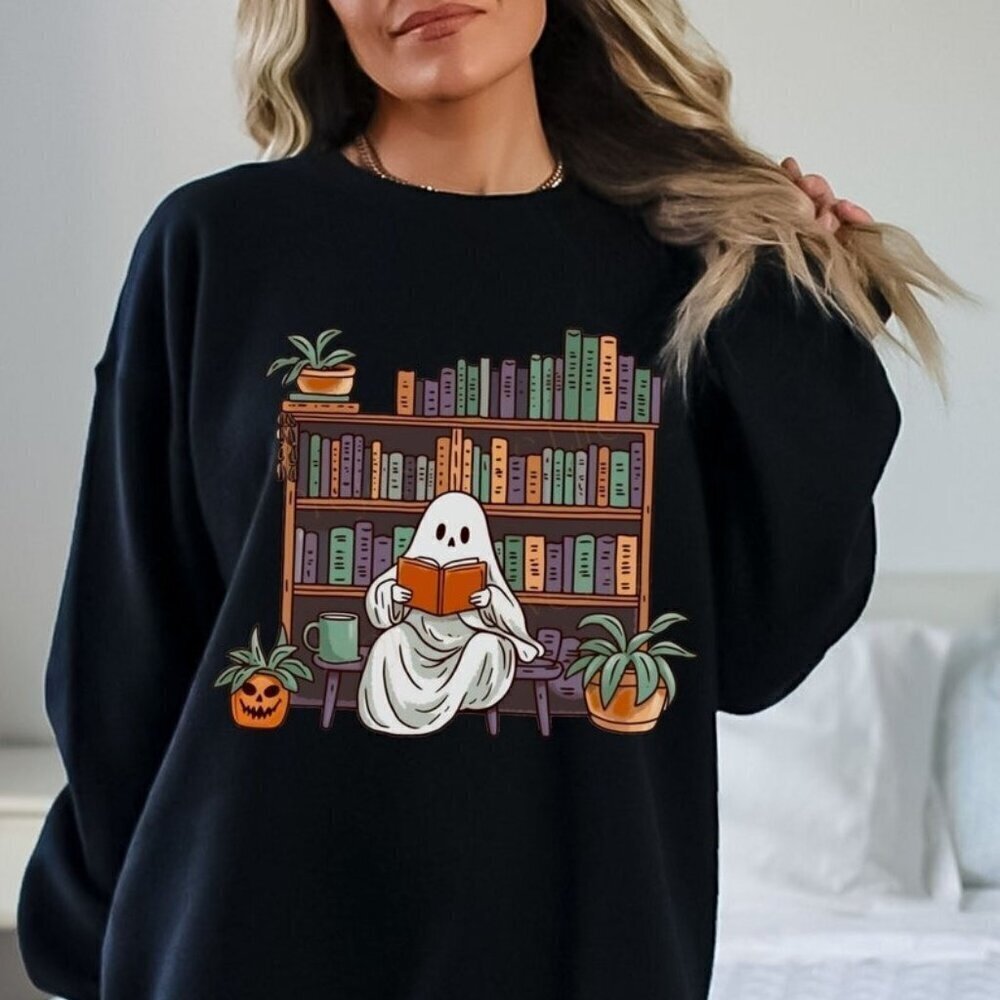 Bookish Ghost Spooky Library Book Lover Reading Sweatshirt Cottagecore Pumpkin